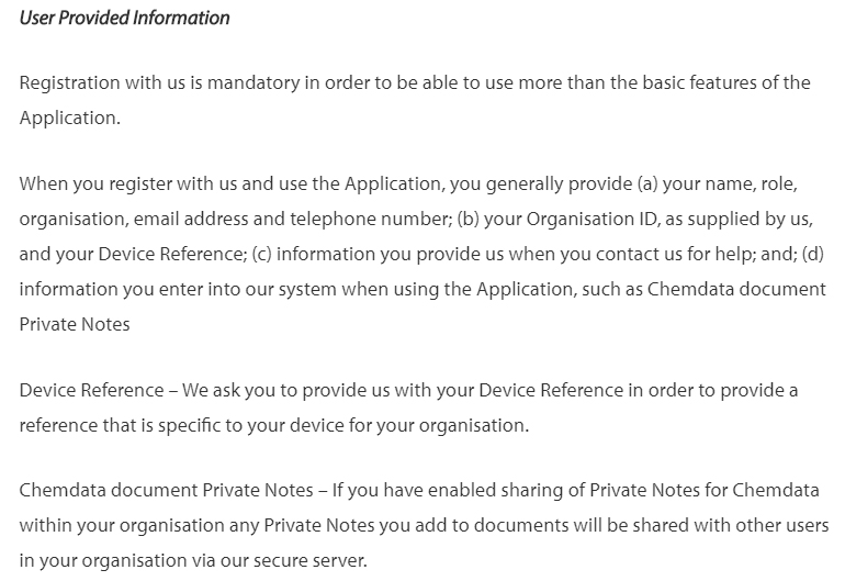 Chemdata Privacy Policy: User Provided Information clause