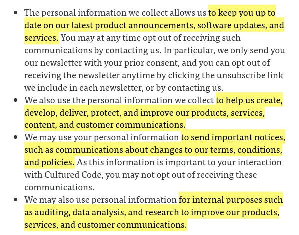 Cultured Code Privacy Policy: Excerpt of How we use your personal information clause