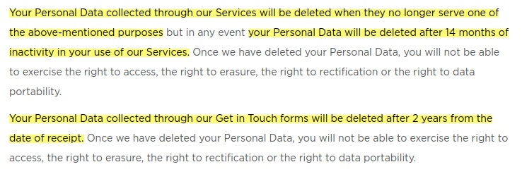 Easybrain Privacy Policy: Excerpt of Data Retention clause