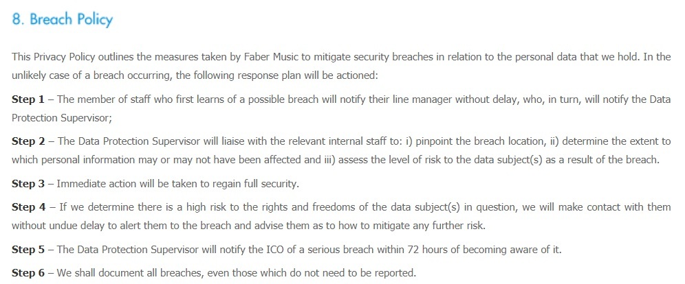 Faber Music Privacy Policy: Breach Policy clause