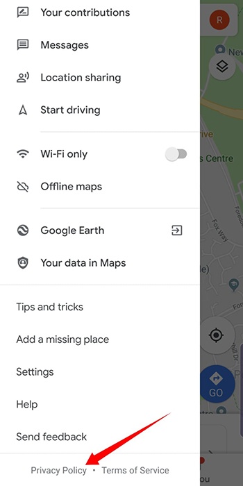 Google Maps Android app: Menu with Privacy Policy highlighted