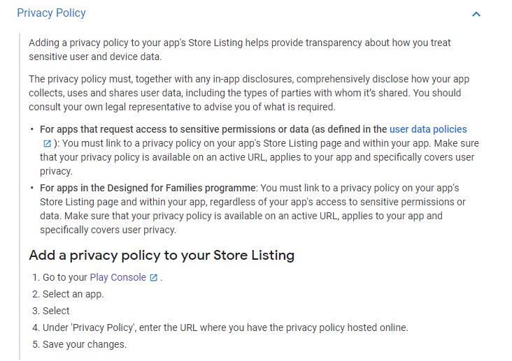Google Play Console Help: Add a Privacy Policy to your Store Listing