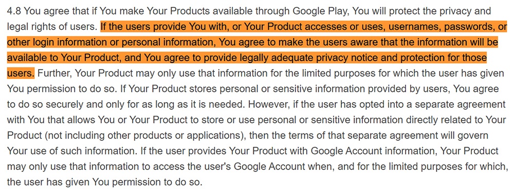 Google Play Developer Distribution Agreement: Privacy notice requirement clause