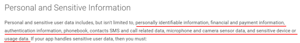 Google Play Developer Policy Center: Privacy, Security and Deception - Section with List of what is Personal and Sensitive Information