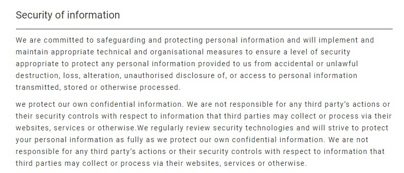 Japan Travel Centre Privacy Policy: Security of Information clause excerpt