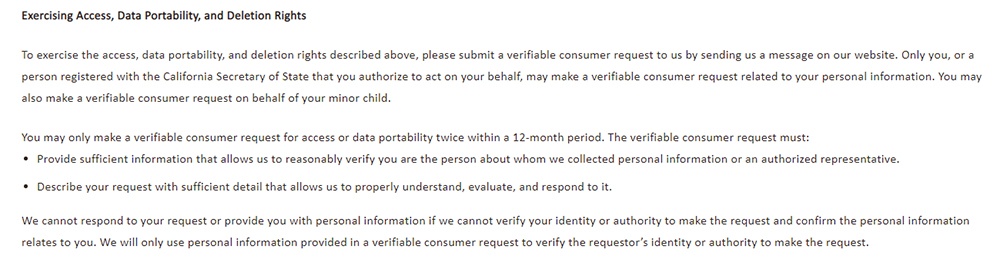 NVA Privacy Policy: Exercising Access, Data Portability, and Deletion Rights clause