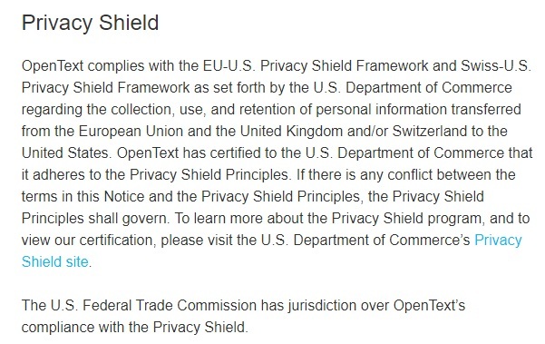 OpenText Privacy Notice: Privacy Shield clause
