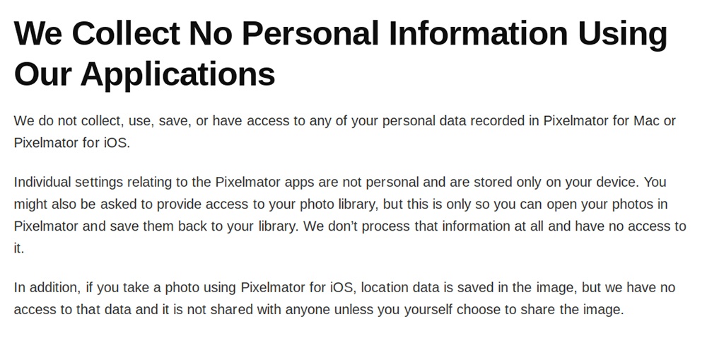 Pixelmator Privacy Policy: No personal information is collected