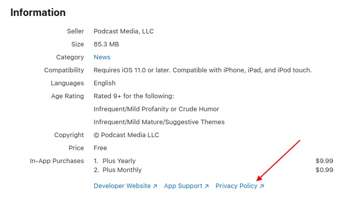 Pocket Casts iOS app Information page with Privacy Policy link highlighted