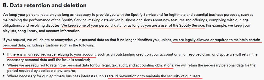 Spotify Privacy Policy: Data retention and deletion clause