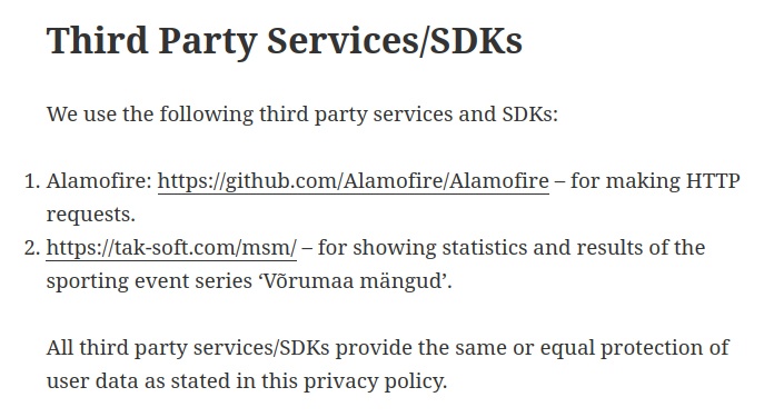 Vorumaa Nutimangud iOS App Privacy Policy: Third Party Services and SDKs clause