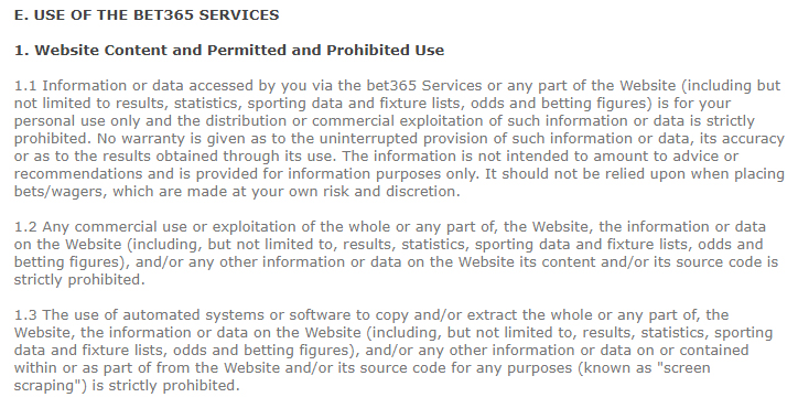 Bet365 Terms and Conditions: Website Content and Permitted and Prohibited Use clause