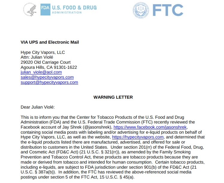 Introduction excerpt of FDA and FTC warning letter to Hype City Vapors