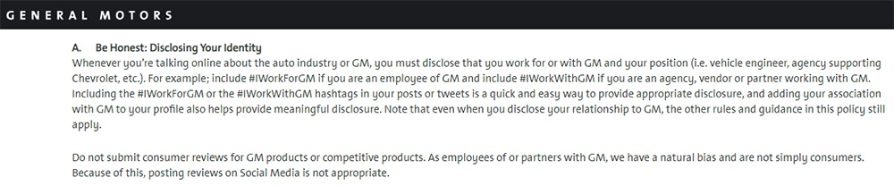 General Motors Social Media Policy: Be Honest - Disclosing Identity clause