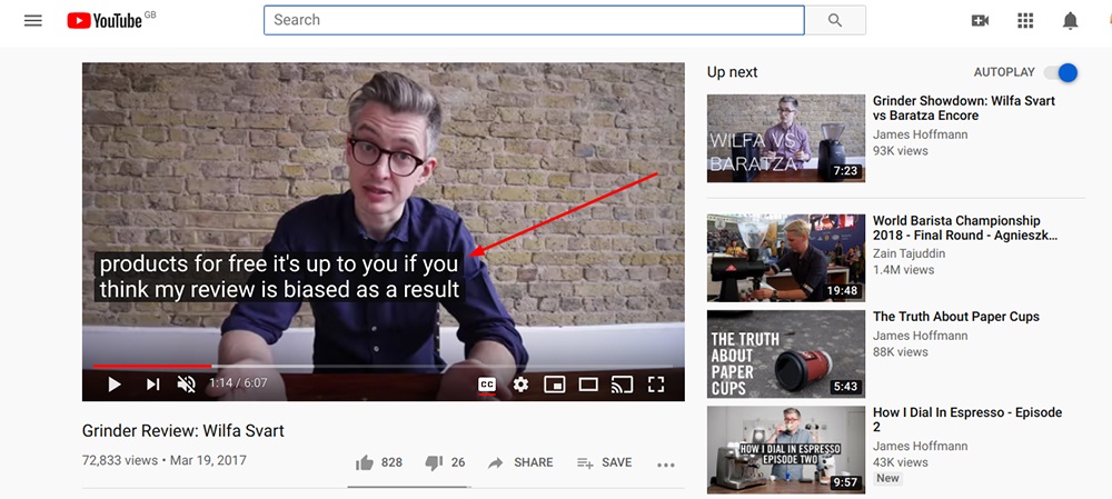 James Hoffman YouTube video with sponsored disclosure