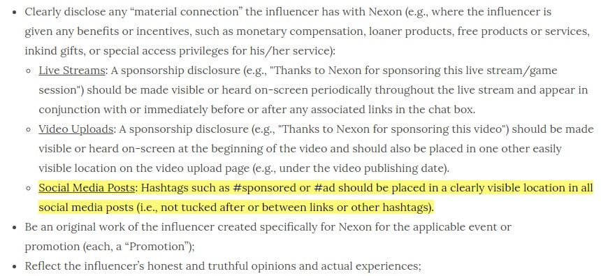 Nexon America Influencer Content Policy: Social media posts section highlighted