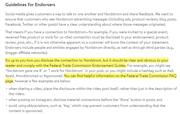 Nordstrom Guidelines for Endorsers: FTC Guides and FTC FAQ section
