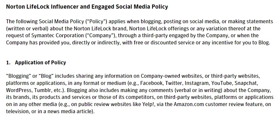 Norton LifeLock Influencer and Engaged Social Media Policy: Intro and Application of Policy clauses