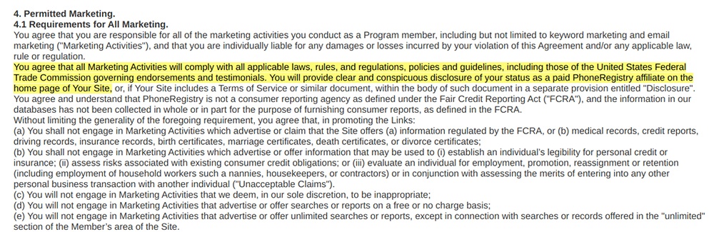Phone Registry Affiliate Program Terms: Permitted Marketing clause - Comply with FTC section