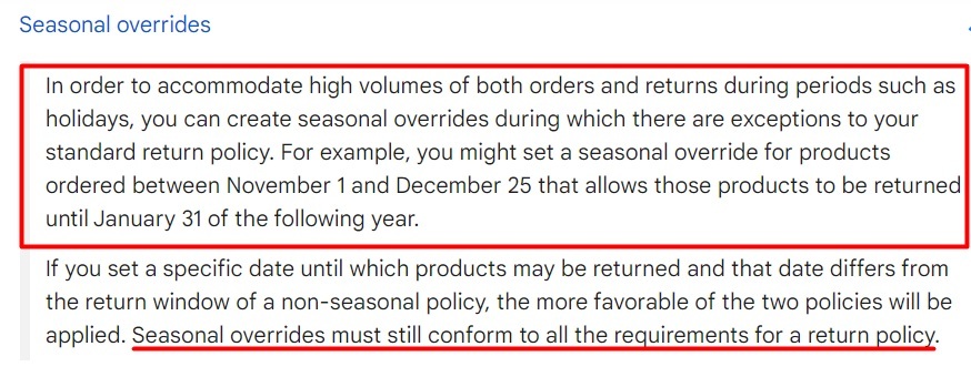 Google Merchant Center Help: Return settings requirements for Buy on Google - Seasonal overrides section