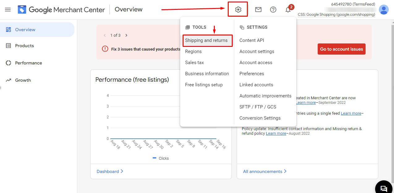 TermsFeed Google Merchant Center: Overview - Settings icon and Shipping and returns option highlighted