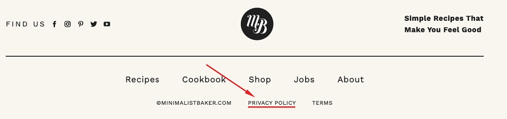 Minimalist Baker website footer with Privacy Policy link highlighted