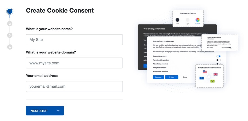 TermsFeed Privacy Consent: Add website information - Step 1