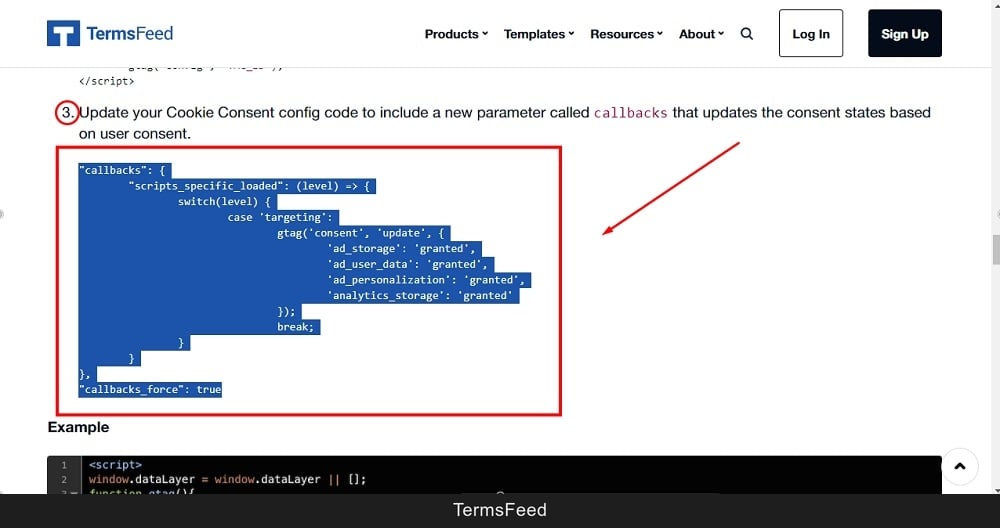 TermsFeed Free Cookie Consent: Step 3: Cookie Consent config code with callbacks parameter
