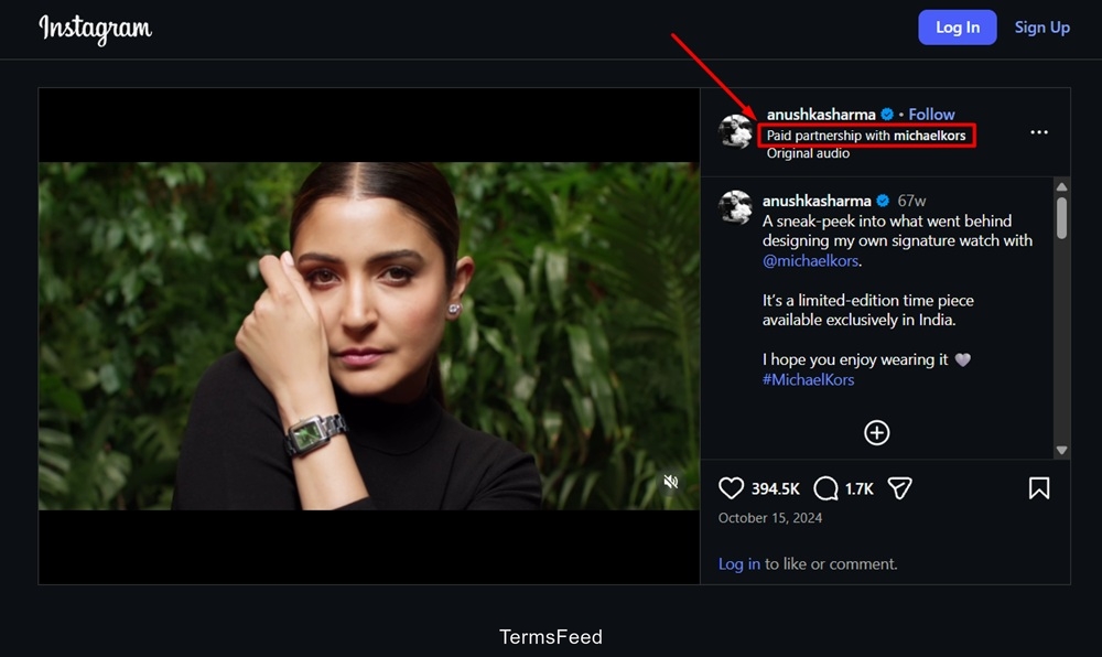 Instagram - Anushka Sharma - post - disclosing Paid partnership with Michael Kors