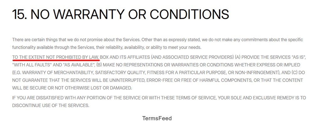 Box Terms of Service: Warranty liability disclaimer clause with Prohibited language highlighted