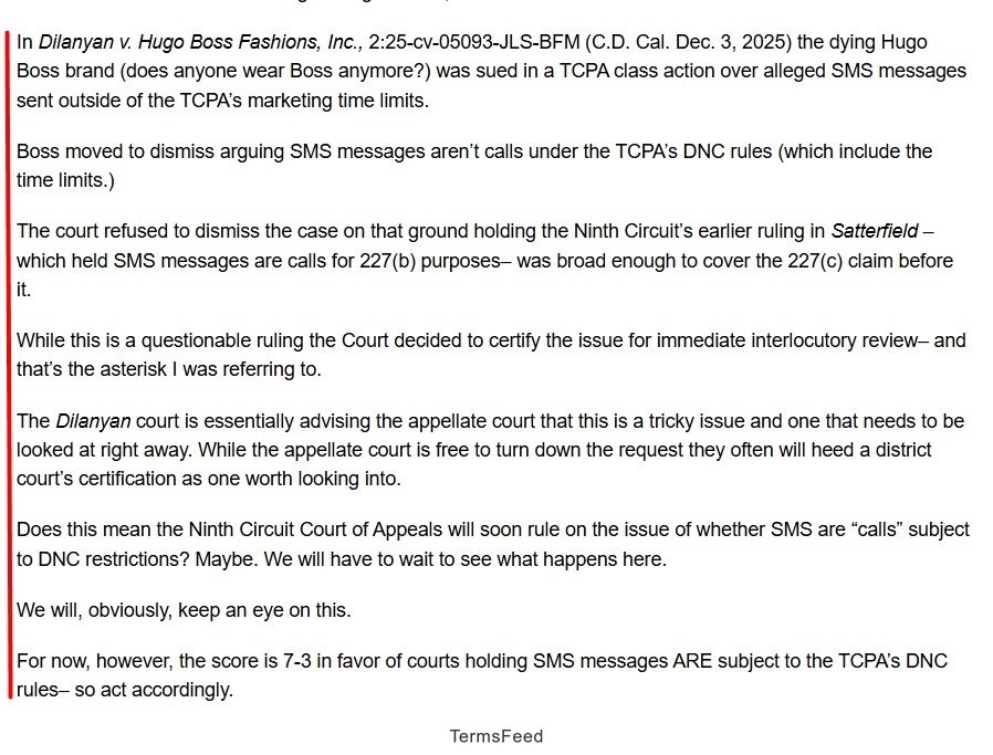 Dilanyan v. Hugo Boss court document discussing SMS messages under TCPA regulations