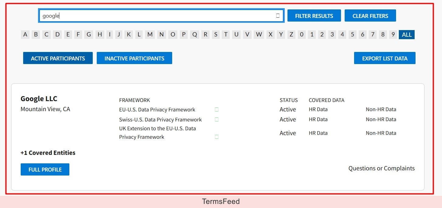 DPF Program - Registry - Google LLC search status example