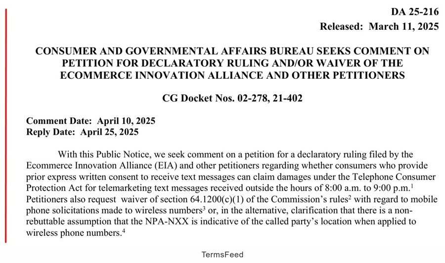 FCC public notice on EIA petition for TCPA telemarketing text regulations