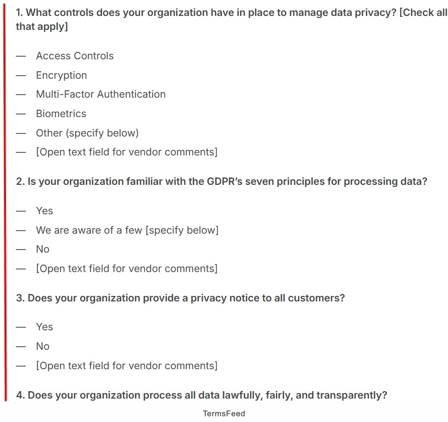 GDPR compliance survey questions on data protection controls and privacy notices