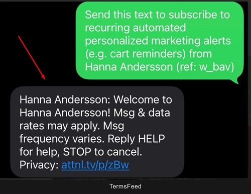 Hanna Andersson automated SMS subscription message with marketing alerts and privacy link