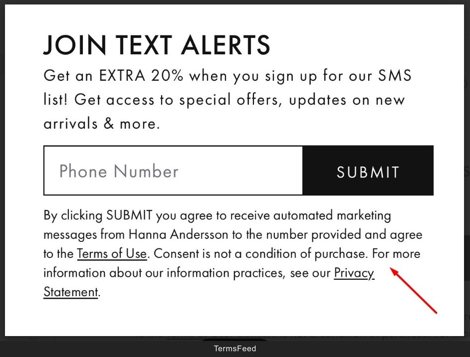 Hanna Andersson SMS sign-up consent popup for marketing messages with phone field