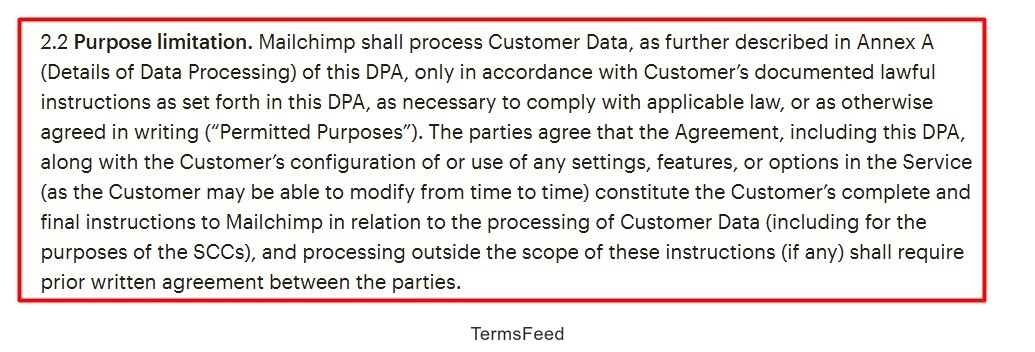 Mailchimp DPA purpose limitation explanation