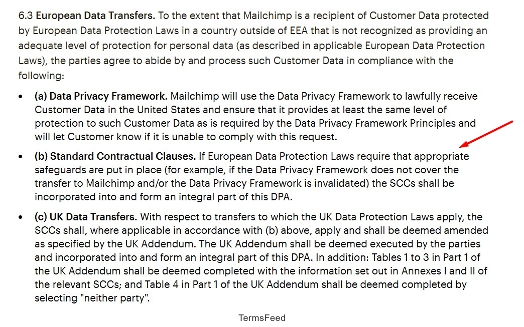 Mailchimp European Data Transfers details standard contractual clauses and data privacy framework adherence