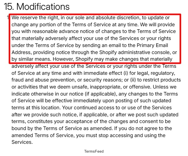 Shopify Terms of Service: Modifications clause with first section highlighted
