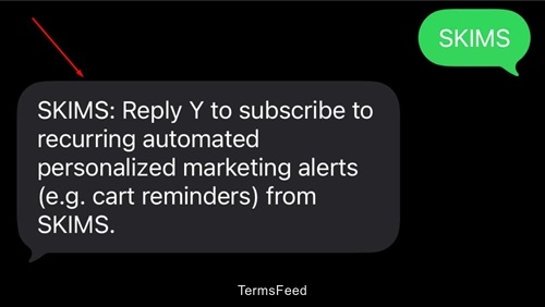 SKIMS automated marketing SMS alert subscription with opt-in reply instructions