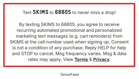 SKIMS SMS signup instructions for marketing messages with opt-out details
