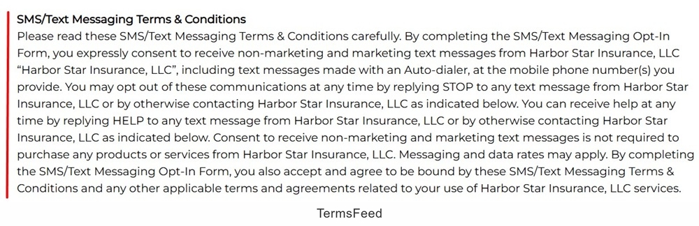 SMS-text messaging terms and conditions for Harbor Star Insurance, LLC opt-in form