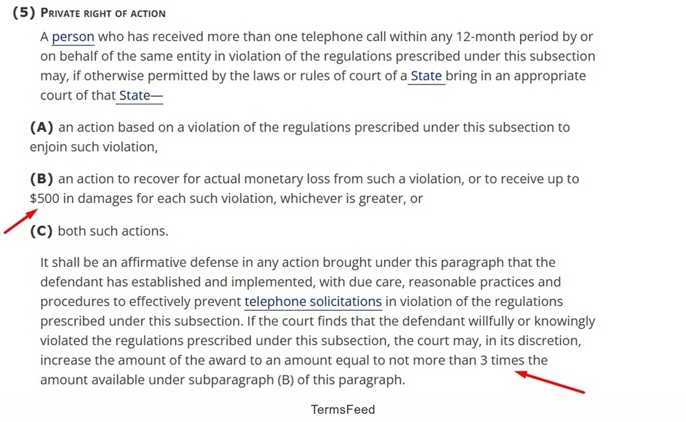 TCPA private right of action for violations and monetary damages outlined in document