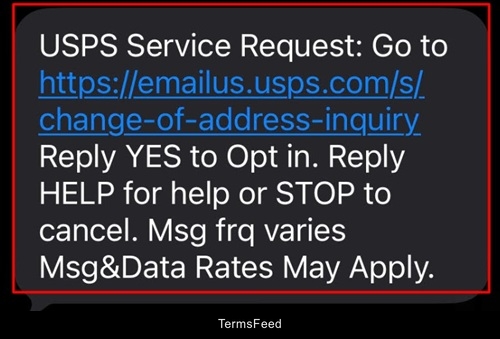 USPS change of address service request text with opt-in instructions