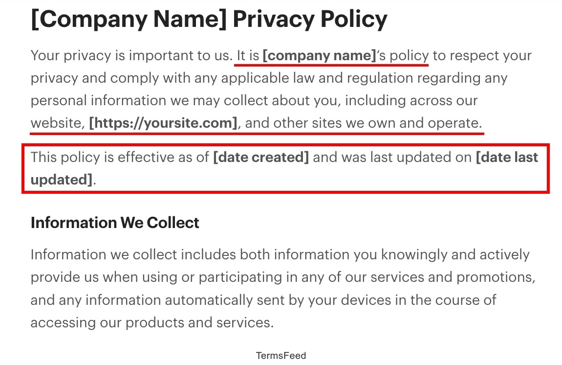 Example of the Privacy Policy Template from Getterms.io