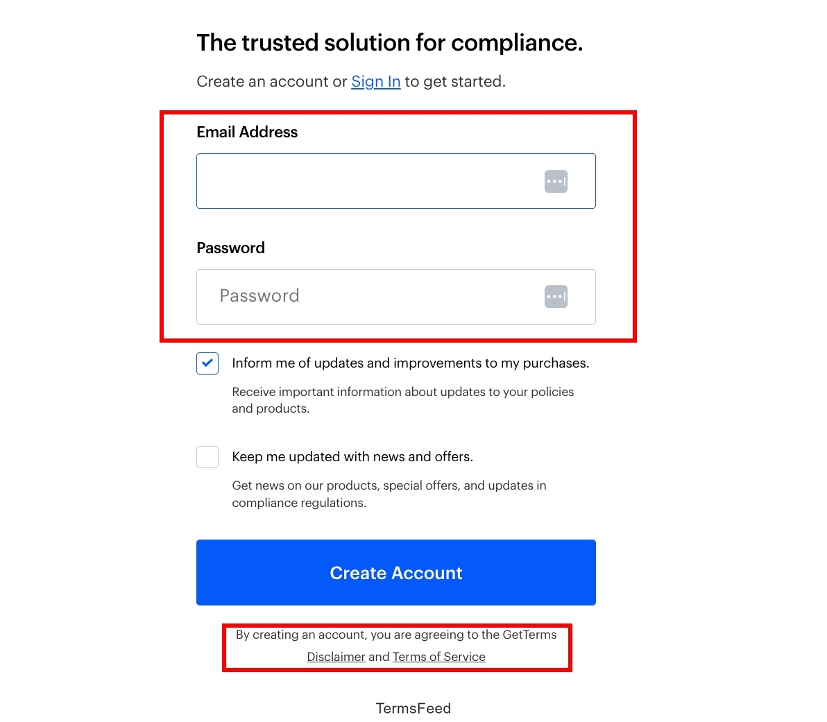 Getterms.io sign up page