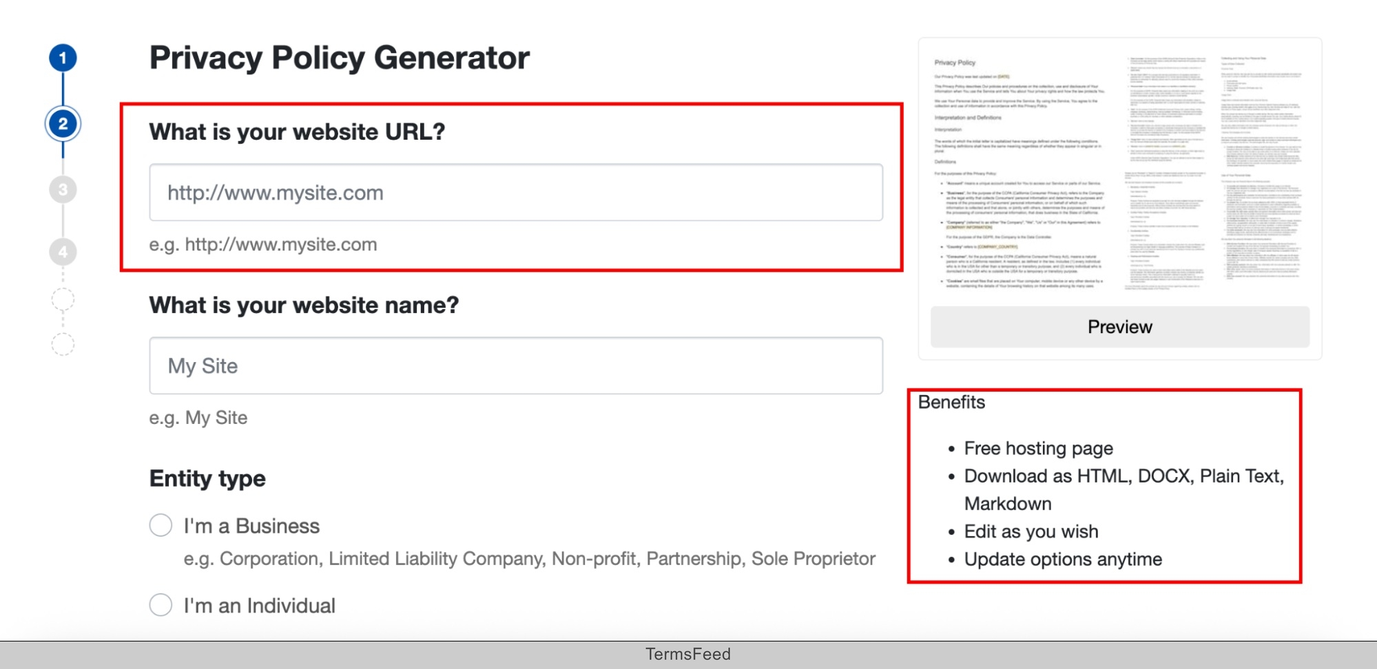 TermsFeed app Privacy Policy Generator - step - screenshot