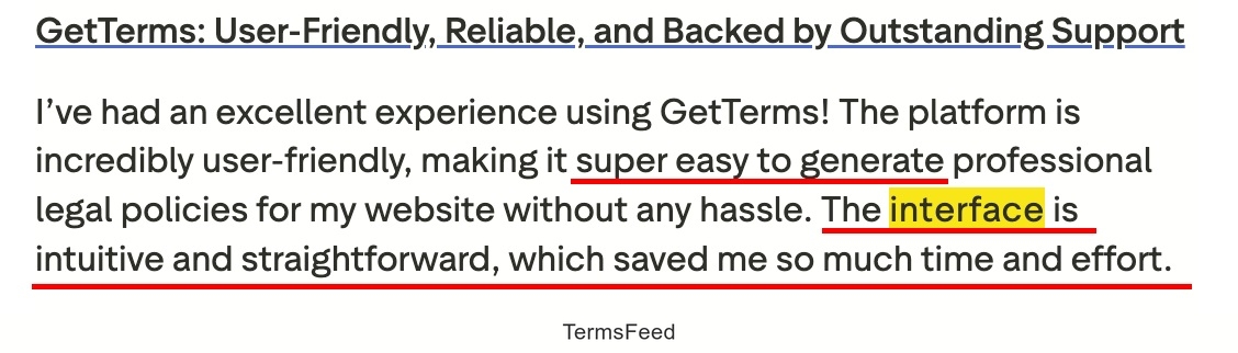 Trustpilot of the Getterms.io review - interface